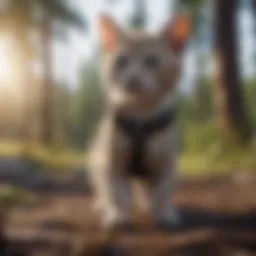 Adorable kitten in harness exploring outdoors