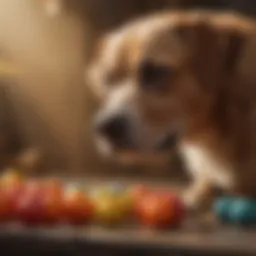 A variety of dog toys arranged on a vibrant background showcasing their textures and colors.