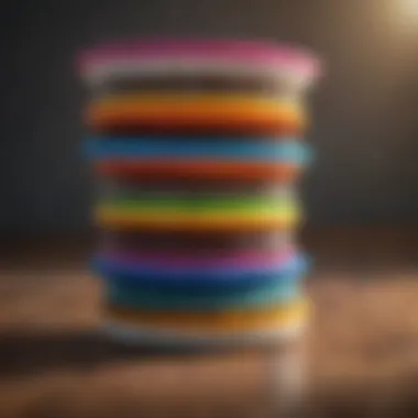 Multiple colorful dog frisbees in a neatly organized stack