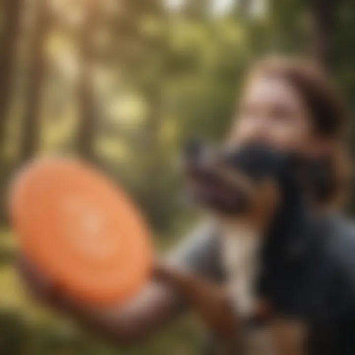 A happy pet owner holding a bunch of dog frisbees