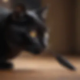 Sleek black cat playing with feather wand toy