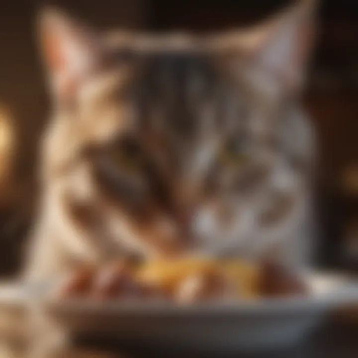 A close-up of a cat savoring its meal with a look of satisfaction