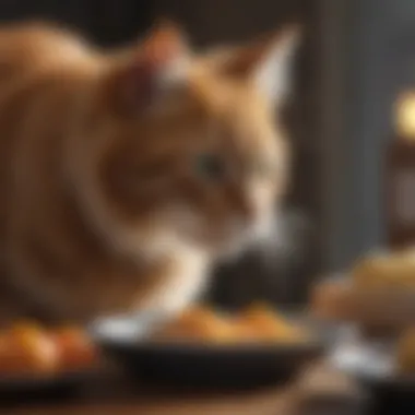 Cat Interacting with Food Textures A playful cat interacting with various food textures in its dish