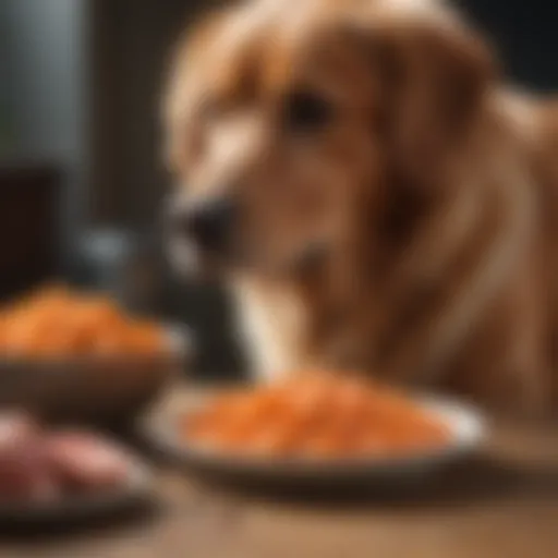 Dog with a bowl of salmon and sweet potato dog food