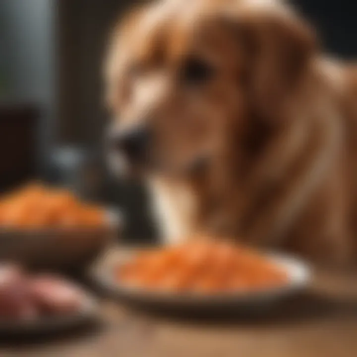 Dog with a bowl of salmon and sweet potato dog food