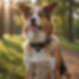 Close-up of a dog wearing a GPS and camera collar in a park setting.