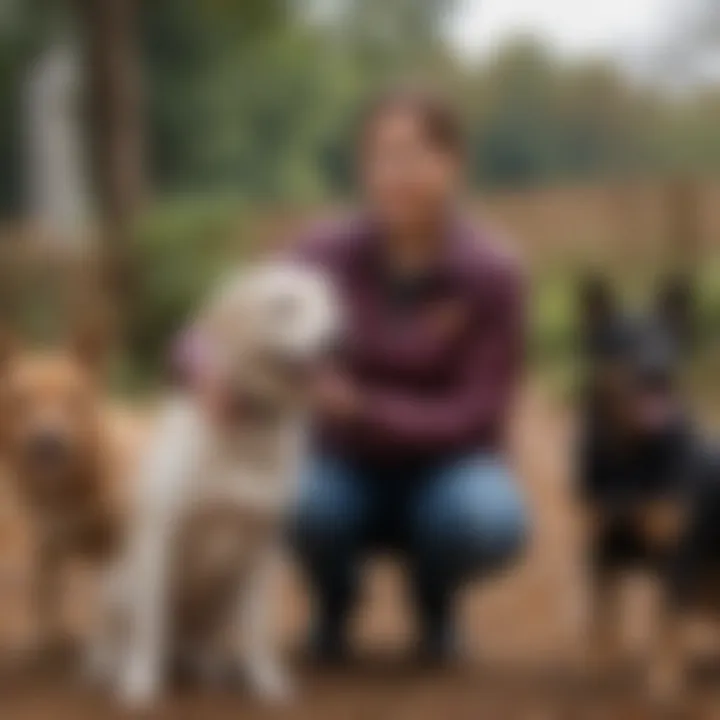 A qualified staff member engaging with a group of happy dogs