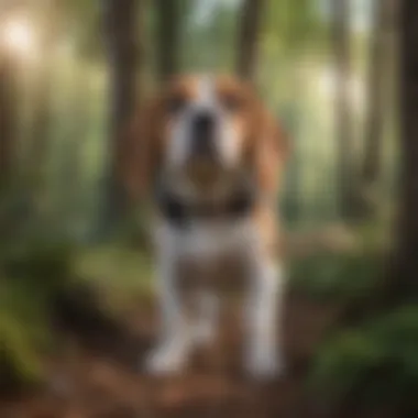 A Beagle with a curious expression, sniffing the ground in a woodland setting