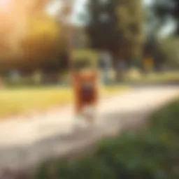 A scenic park with a dog running freely