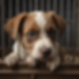 Illustration of a distressed puppy in a cramped cage