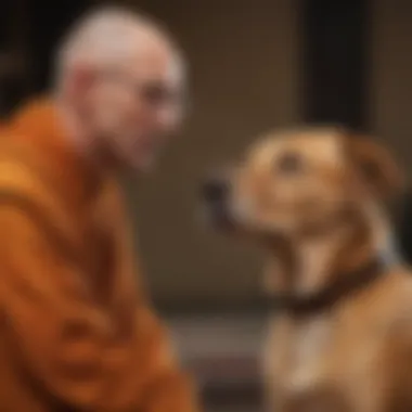 A close-up of a dog attentively listening to its monk trainer