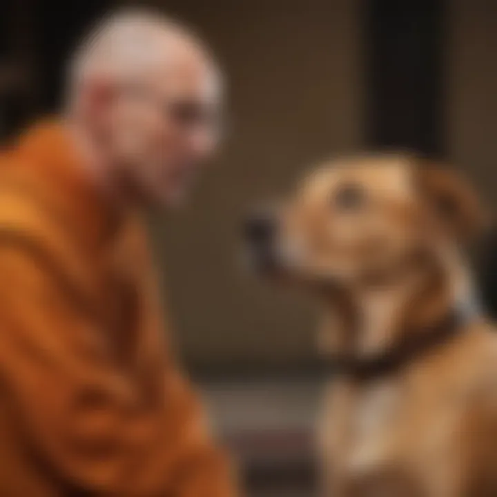 A close-up of a dog attentively listening to its monk trainer