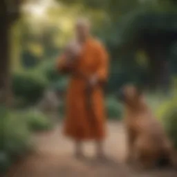 A serene monk training a dog in a tranquil garden setting