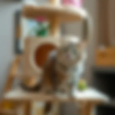 A cat happily playing on a restored cat tree