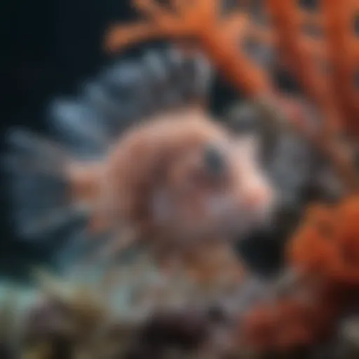 Majestic Lionfish swimming among corals