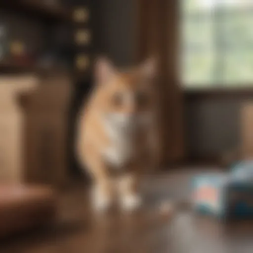 A curious cat exploring a subscription box filled with toys and treats