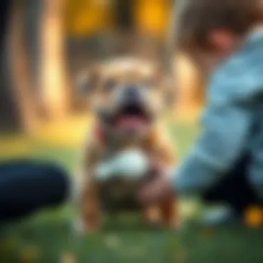 Bull Dog Puppy with Child Bull dog puppy interacting with a child in a playful manner