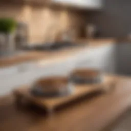 A stylish triple elevated dog bowl setup in a modern kitchen