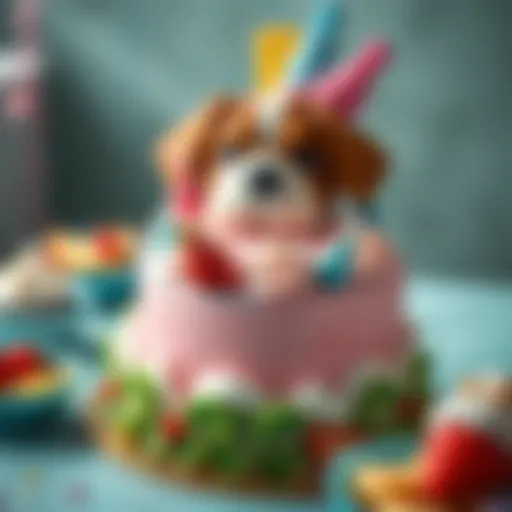 A beautifully decorated canine cake with vibrant colors and dog-friendly toppings