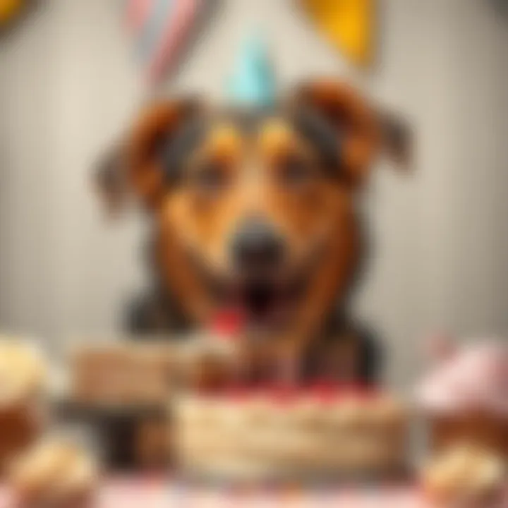 Celebrating Canine Milestones with Cakes A joyful dog enjoying a slice of a birthday cake, surrounded by festive decorations