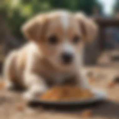 A playful puppy enjoying a meal outdoors