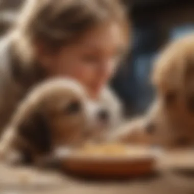 A puppy being fed by a caring owner