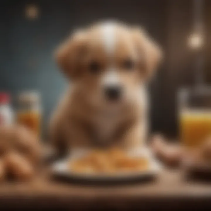 Different stages of puppy growth with food portions