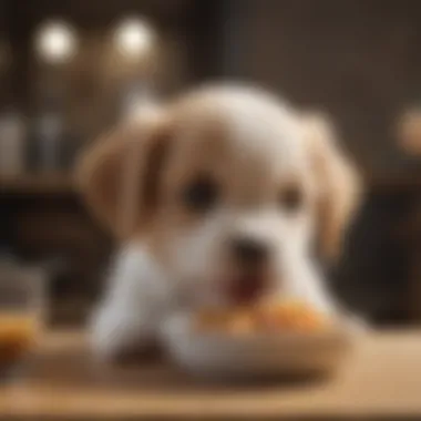 Puppy enjoying a meal with a happy expression