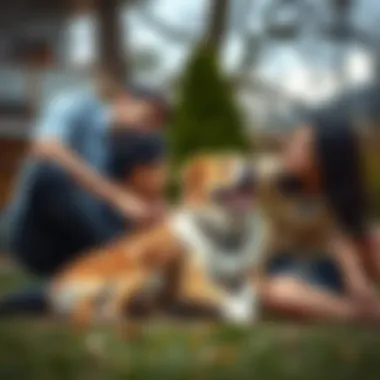 The Joy of Family and Dog Bonding A happy family interacting with their dog in a backyard