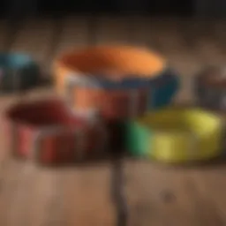 A collection of colorful flat buckle collars displayed on a wooden surface.