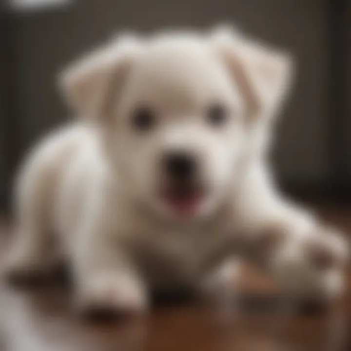 Fluffy white hypoallergenic puppy playing with a toy