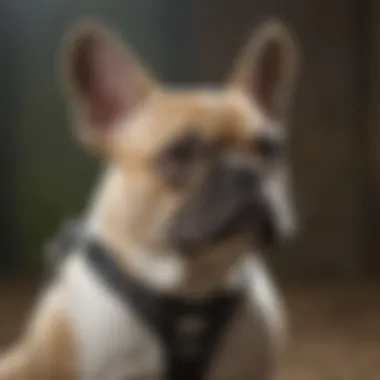 French Bulldog looking content in gentle leader harness