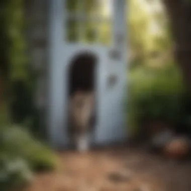 Beautiful outdoor landscape with a cat exploring through a garden cat door