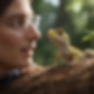 Gecko owner interacting with their curious pet in a serene environment