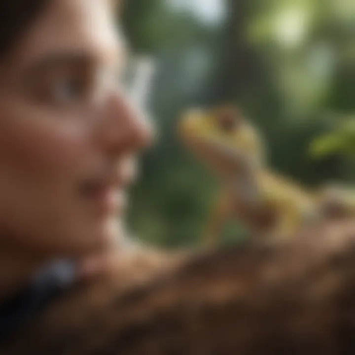 Gecko owner interacting with their curious pet in a serene environment