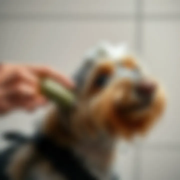 Applying GNC Pets Conditioner to a Pet A pet owner applying oatmeal conditioner to their furry friend with care.