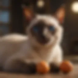 A playful Siamese cat engaging with a toy, showcasing its affectionate nature