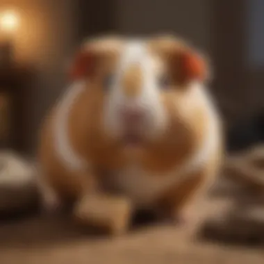 Guinea pig happily chewing on a wooden toy