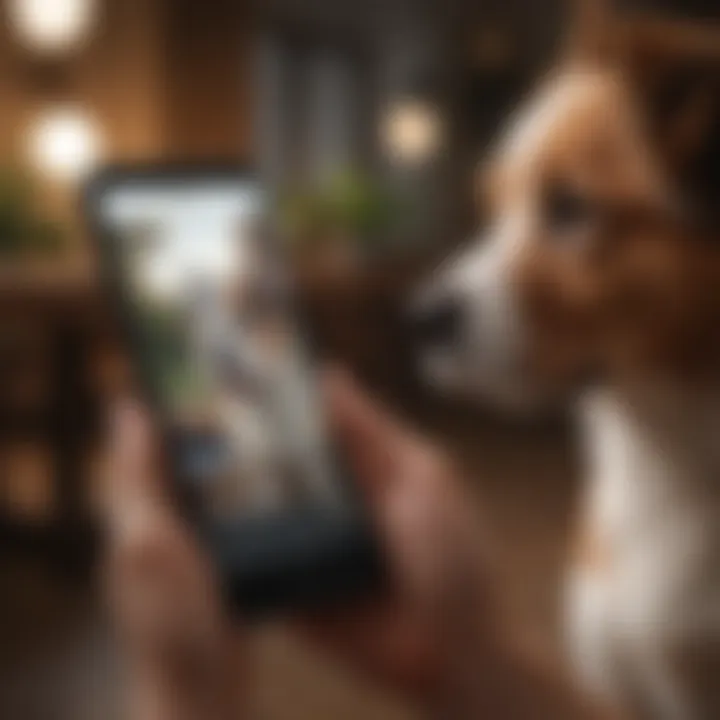 A person interacting with a smartphone, using the dog breed identification app