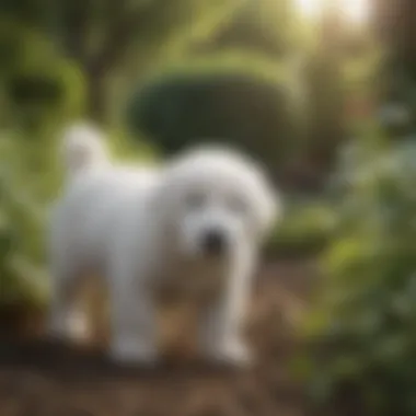 Great Pyrenees puppy exploring a lush garden