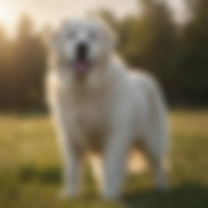 Great Pyrenees standing tall in a sunlit meadow