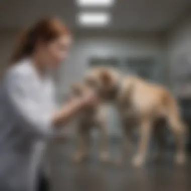 A veterinarian examining a dog in a clinic setting.