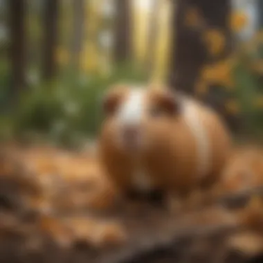 A guinea pig exploring its enclosure filled with aspen shavings