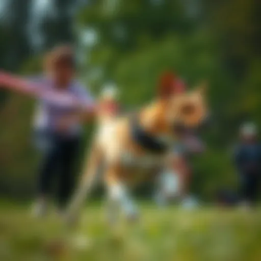 A dynamic outdoor scene showcasing an excited dog running freely while attached to a hands-free leash.