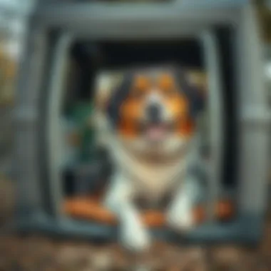 Happy dog resting comfortably in a plastic crate