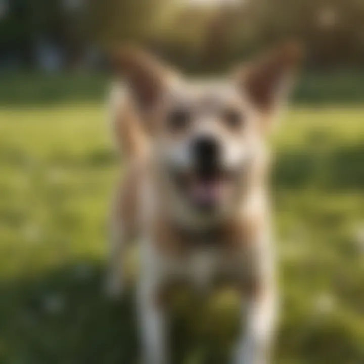 Happy dog playing in grass