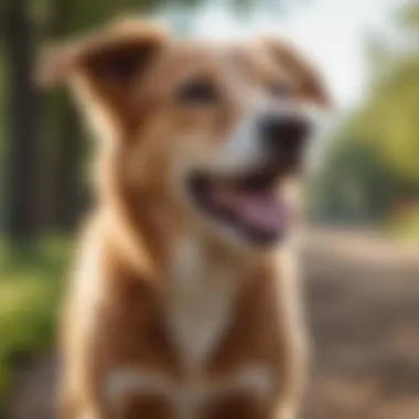 A happy dog playing outdoors with a shiny, healthy coat.