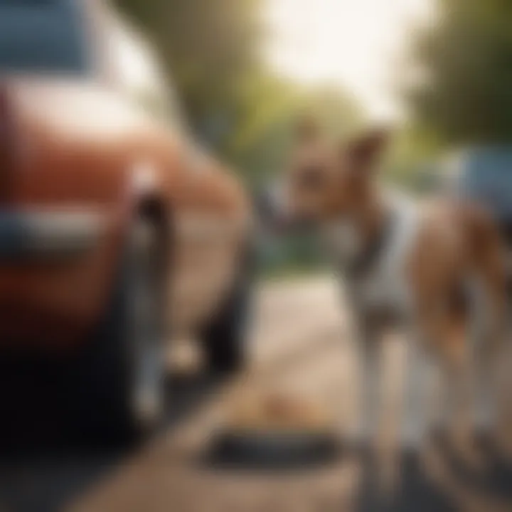 Dog being fed a light meal before a car journey