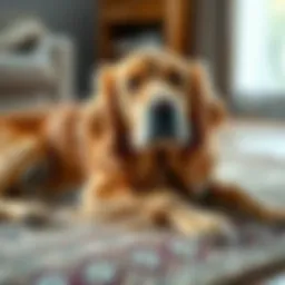Golden Retriever with dry skin patches lounging comfortably on a soft rug