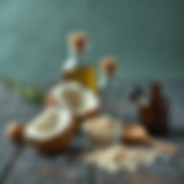 Natural ingredients laid out for dog skin treatment including coconut oil and oatmeal